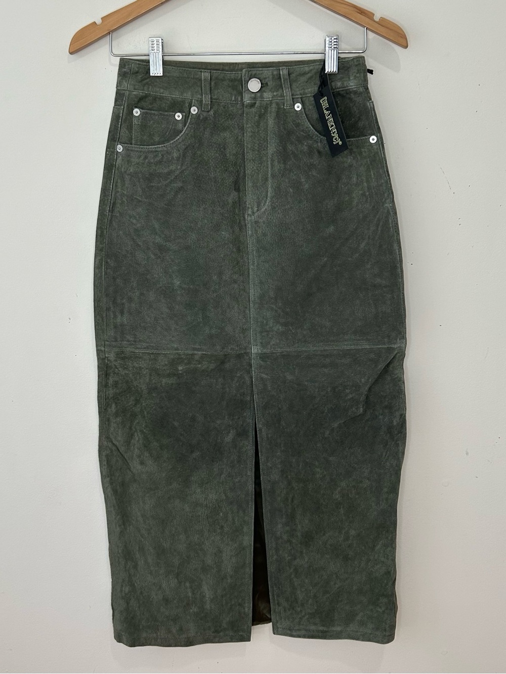 BlankNYC Hunter Green Retro Suede Leather Front Slit Pencil Midi Skirt Size 24